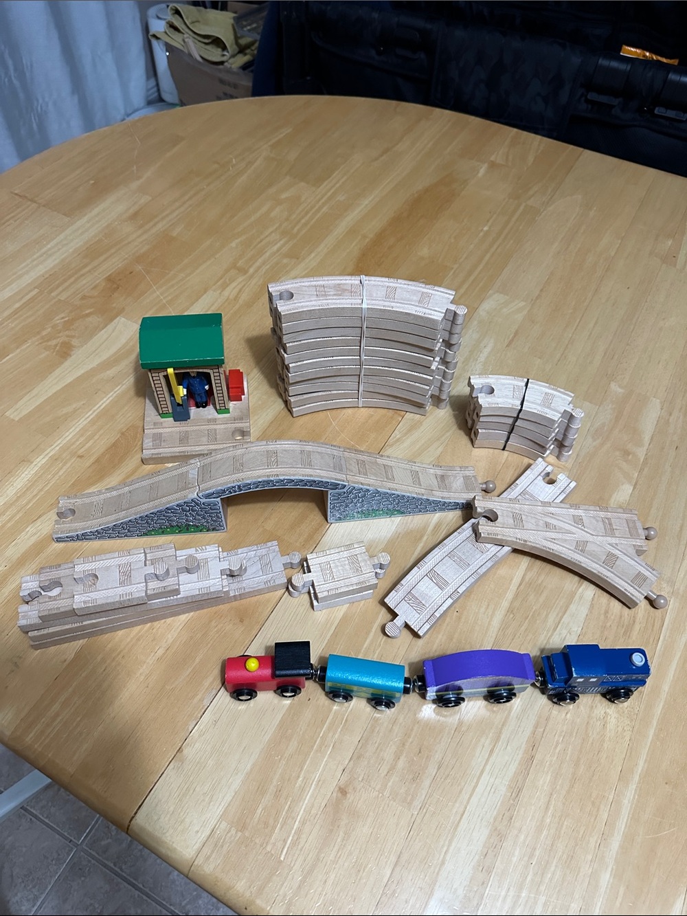 Wooden Train Track Set with Colorful Engine Cars - Green Roof Station